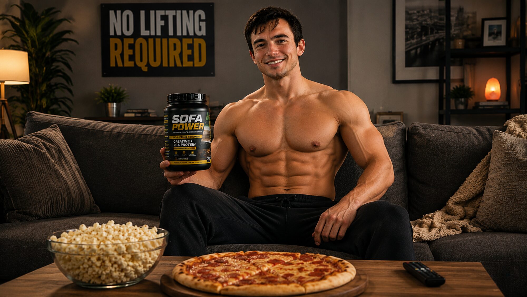 A man on a sofa holding a tub of Sofa Power, with a pizza and a bowl of popcorn on the coffee table in front of him.
