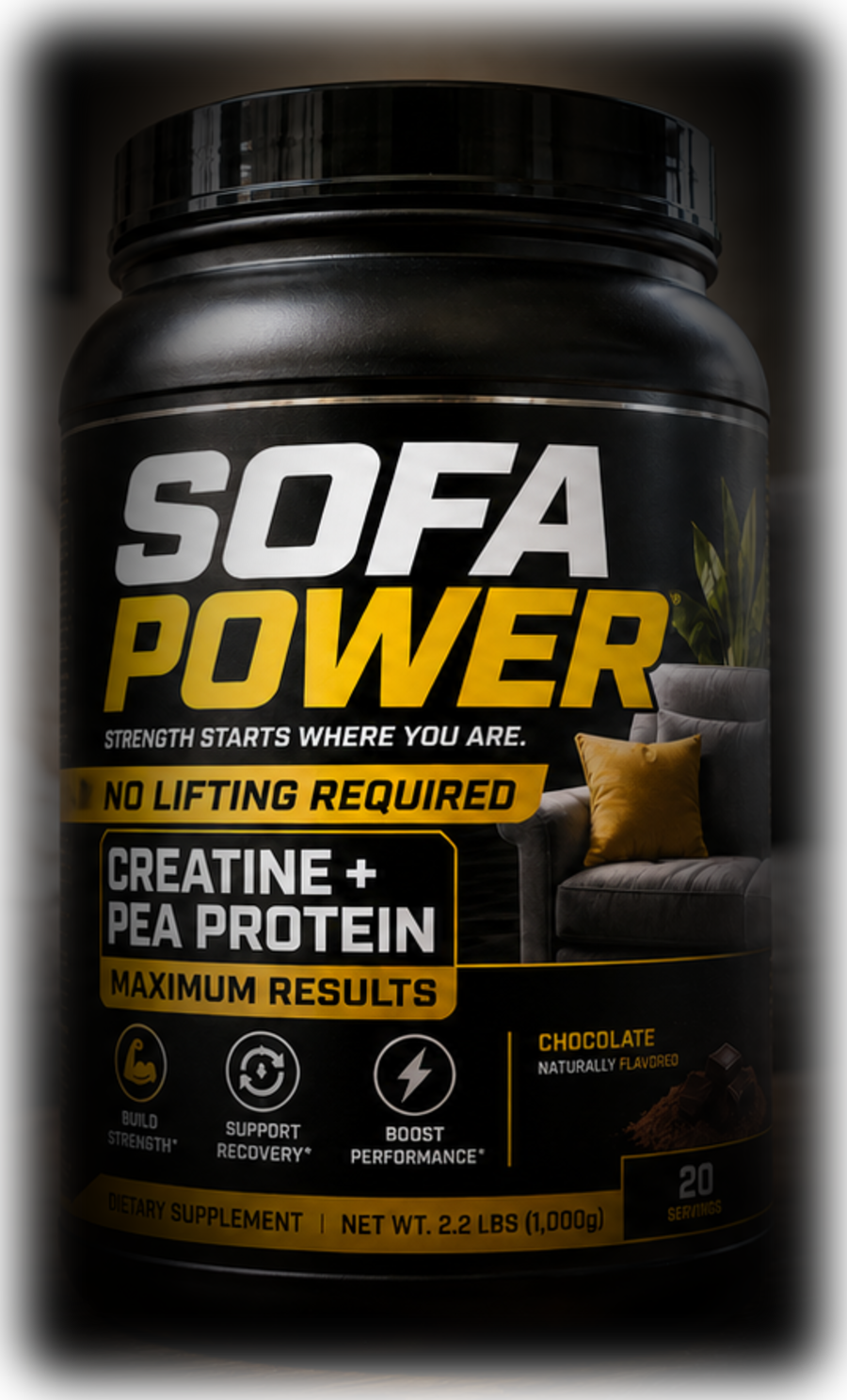 A black 2.2 lb tub of Sofa Power chocolate creatine and pea protein powder.